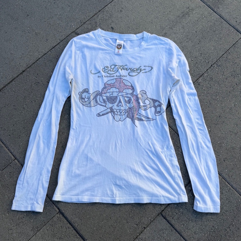 Ed Hardy Christian Audigier Rhinestone Skull Long Sleeve Tee White Medium